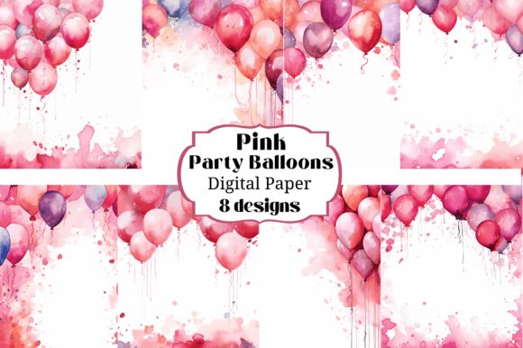 8 Pink Party Balloons Digital Backgrounds for Creative Projects